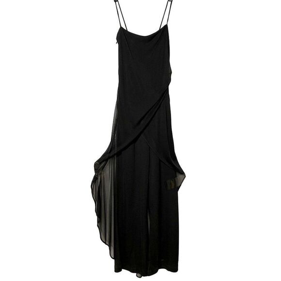 Cache Black Flare Leg Jumpsuit Ruched Semi Sheer Asymmetrical Overlay Sz 2 - Picture 1 of 6